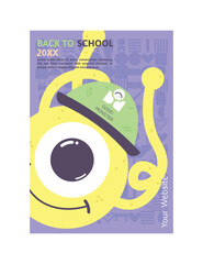 Flat Back to School Poster with Cute Yellow Monster Wearing Hat on Colorful Purple Background