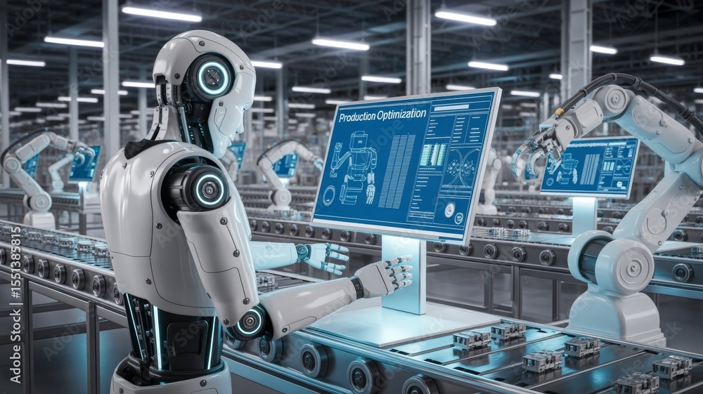 Poster a robot working in a modern factory, interacting with a digital monitor.