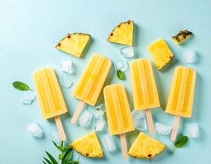 Pineapple popsicles with pineapple slices and ice cubes on blue background