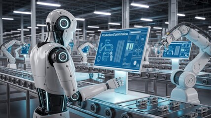 a robot working in a modern factory, interacting with a digital monitor.