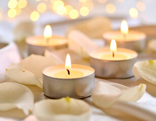 Softly glowing tea light candles surrounded by delicate white rose petals on a smooth surface.