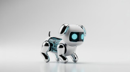 3D rendering of a toy robot dog, designed with a futuristic and playful style