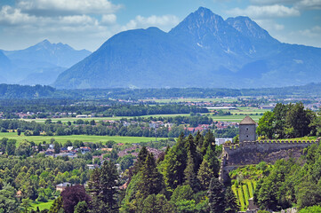 Salzburgerland landscape, view from Hohensalzburg fortress, Salzburg, Austria