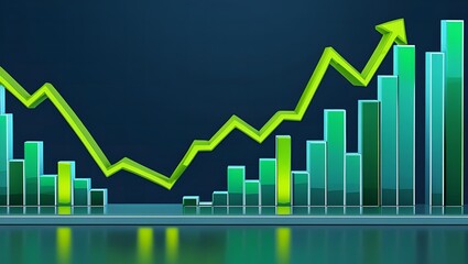 Green arrow trending upwards over a bar chart showing financial growth and positive economic performance