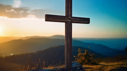 Rustic wooden cross on rocky hilltop silhouetted against a stunning sunrise over rolling mountain landscape with vibrant sky and peaceful, spiritual atmosphere - Powered by Adobe