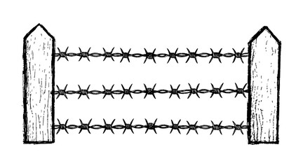 Barbed wire wooden fence, sharp wire vector hand-drawn illustration.