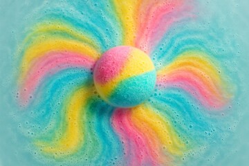 Colorful bath bomb dissolving in water creating rainbow foam pattern, top view macro photography