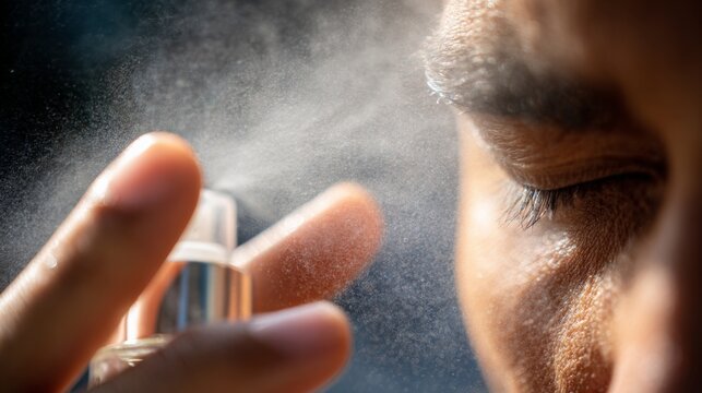 Close-up of man applying facial mist spray to refresh skin in closeup view  