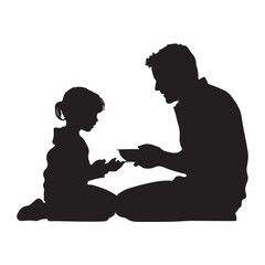 Father feeding noodles to child, vector art