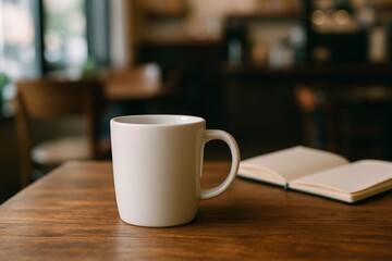 White ceramic mug on wooden table with open notebook in blurred coffee shop interior, warm natural light