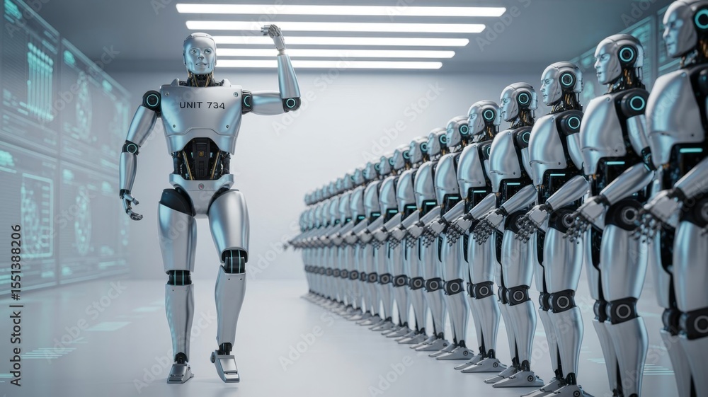 Fototapete an android robot leader standing confidently in front of a team of robots