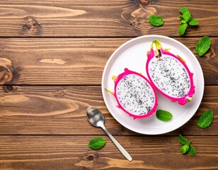 Halved dragon fruit on a plate with mint leaves