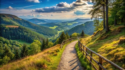 A division in the path of a hiking trail leading to a scenic viewpoint amidst hills and woods