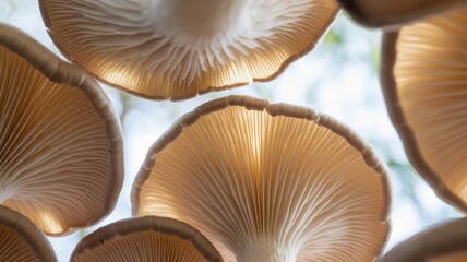 Close-up view of delicate gills of wild mushrooms against sky background