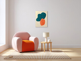 Modern living room with a plush pink armchair orange seat and abstract art on a white wall