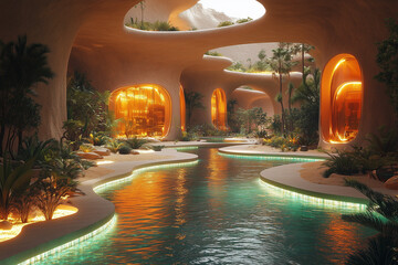 The interior of an ultra-luxurious villa nestled in a desert oasis, featuring a sophisticated design that seamlessly blends cutting-edge technology with an indoor swimming pool.