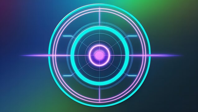 Futuristic holographic target reticle with glowing neon cyan and magenta lines on a dark gradient background