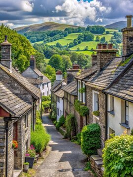 Traditional English village street lined with old stone buildings and slate roofs in Hawkshead