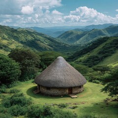 Stone hut with thatched roof in mountain valley