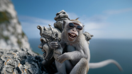 Monkey stole glasses from a tourist.