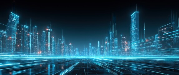 Technology city shuttle, light, futuristic abstract architecture, blue city