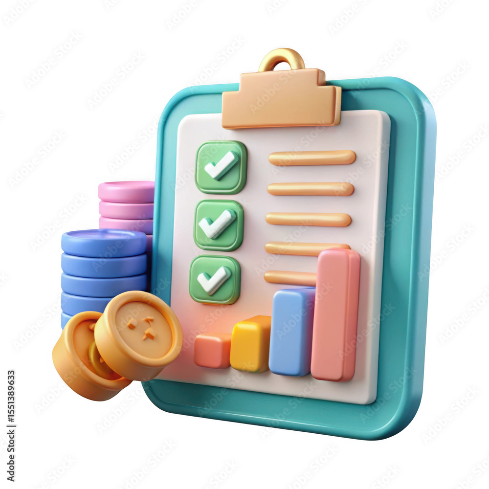 Poster 3d checklist with coins and graph isolated on transparent background