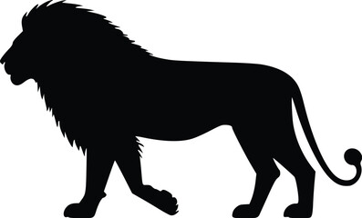 Obraz premium Majestic lion silhouette walking, editable vector illustration, profile view, black and white, simple design, wildlife, animal, nature, power, strength, wild