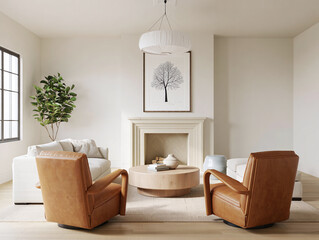 Fototapeta premium Modern living room with two stylish tan leather swivel chairs facing a fireplace with artwork
