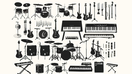 Set Of Musical Instruments Silhouettes, Drums, Percussion, keyboard And String Instruments Illustrations , black silhouettes isolated on white background 