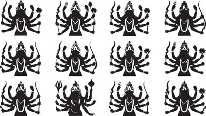 Fototapeta premium Collection of twelve black silhouettes of the hindu goddess durga in various poses holding weapons and symbols