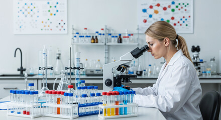A scientist in a white lab coat and blue protective gloves peers into a microscope in a brightly lit laboratory.