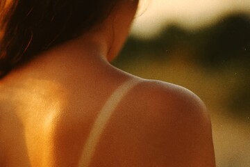 Sun kissed female back with distinct swimsuit tan line, close-up skin texture under warm evening light in summer outdoors