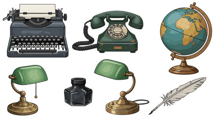 Arrangement of vintage objects including a typewriter telephone globe and desk lamps on a white background