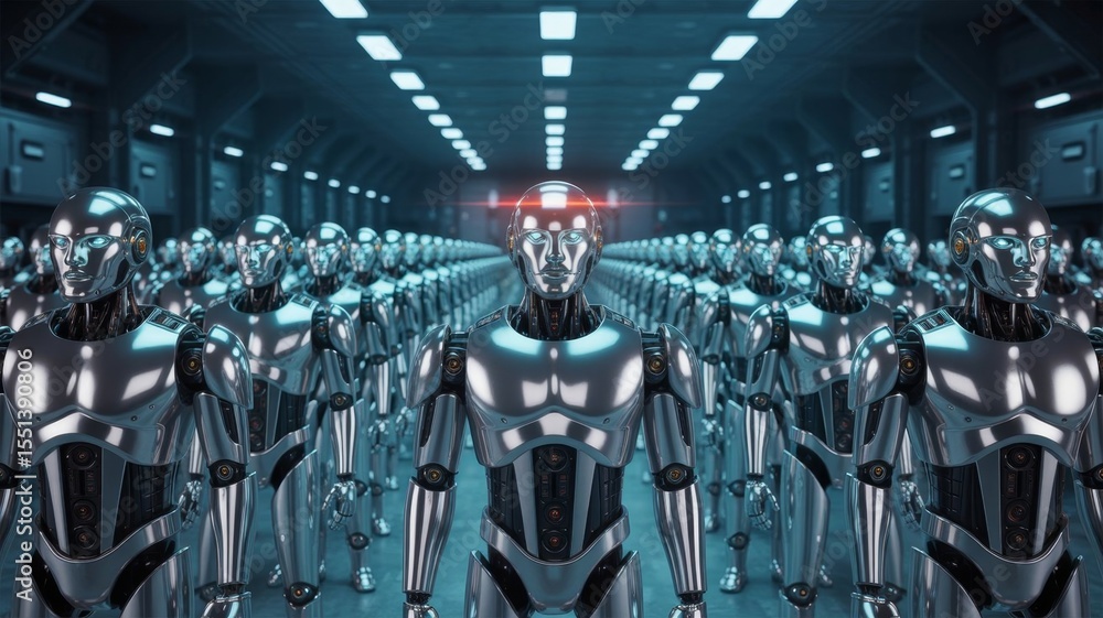 Poster an army of android robots, fully activated and standing in formation, ready to follow their leader’s