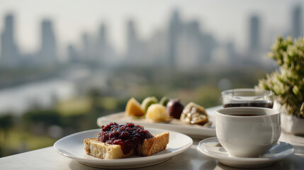 serene breakfast scene on balcony overlooking bustling city featuring golden french toast drizzled with rich berry