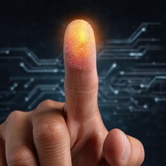 Glowing fingerprint on digital circuit background