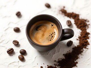 Obraz premium Fresh Espresso Coffee in Black Cup with Coffee Beans and Ground Coffee