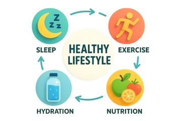 Infographic with icons illustrating healthy lifestyle elements: exercise, nutrition, hydration, and sleep