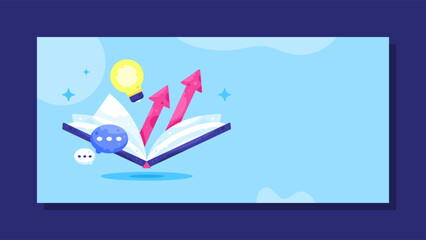 a concept design of learning and improving banner. reading books to increase knowledge. learning for the future. insightful and smart. open book illustration. blue horizontal background. flat style