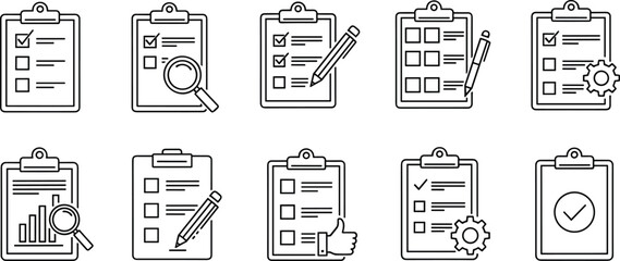 Checklist clipboard icons set, survey report symbol, task list management vector, audit and review icons, outline illustration for planning, checklist, project evaluation tools