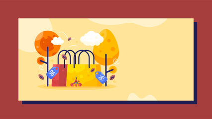 an autumn sale concept banner. special promotions and offers in autumn. illustration of shopping bags with discount labels, autumn trees. horizontal orange background
