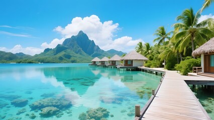 Obraz premium Luxury Tropical Resort Overwater Bungalows with Mountain View – Paradise Island Travel Concept