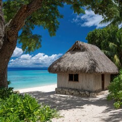 Tropical thatch hut on pristine beach