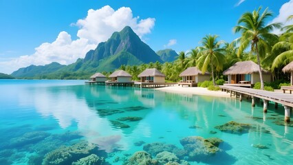 Luxury Tropical Resort Overwater Bungalows with Mountain View – Paradise Island Travel Concept