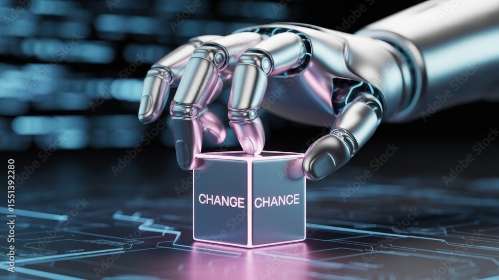 Poster a cyborg robot hand changing a text cube from 'change' to 'chance'