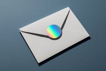 White envelope sealed with round holographic sticker on dark blue background, modern top view composition