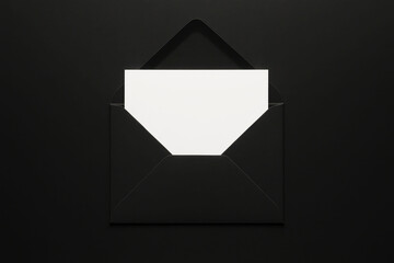 Open black envelope with blank white card on black background, centered flat lay composition for invitation or message design
