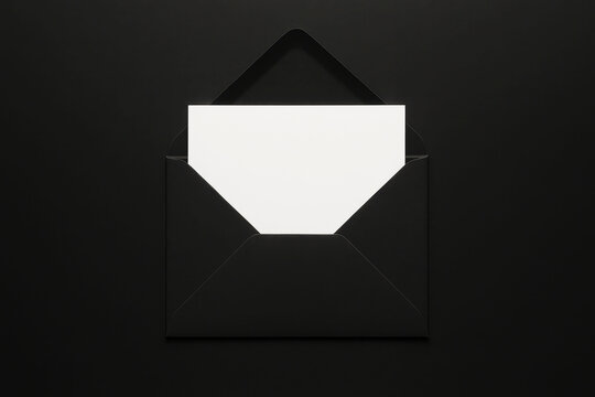 Open black envelope with blank white card on black background, centered flat lay composition for invitation or message design - Powered by Adobe