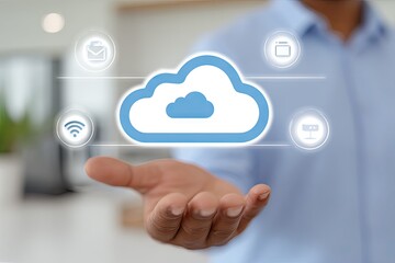 A person's hand hovers over a cloud-computing graphic, surrounded by related icons