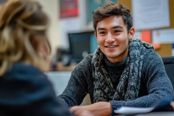 Young man interviewing for a university application, talking with an admissions officer to discuss his qualifications., Generative AI
